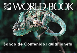 Chameleon lizard perched on a branch with the text World Book Banco de Contenidos aulaPlaneta