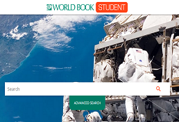 Astronaut stepping out of a space vehicle with view of Earth. Logo for World Book Student